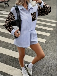Women stripe two-piece set with leopard print splice shirt and shorts in blue and white