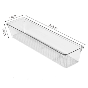 Clear PET storage box detail showing precise dimensions of 30.6 x 7.6 x 5.2 cm for drawer