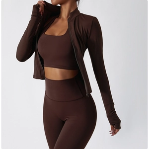 Coffee brown yoga set with thumbhole sleeves, zipper jacket and high waist leggings