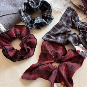 British style red and blue checkered plaid scrunchie and hair ribbon set for women