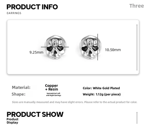 Macro view of skull stud earrings with heart eyes and detailed dimensions info