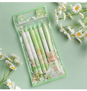Detail of 6pcs Matcha Party quick-dry gel pens with cute anime girl designs