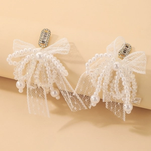 Boucles D'Oreilles Pendantes À Nœud En Dentelle Blanche Avec Künstliche Perle D'Imitation Zircon Strass Et Tige En Argent 925