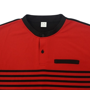 Close-up of the red and black striped shirt collar with a functional chest pocket detail