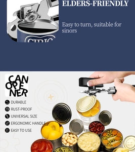 Manual 3-in-1 can opener detail showing ergonomic handle and smooth cutting of metal cans