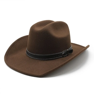 Western Cowboy Hat Vintage Wide Brim Wool Felt Retro Fedora With Leather Band Metal Buckle For Men Women