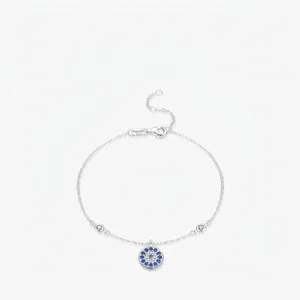 Evil Eye Round Pendant Bracelet 925 Sterling Silver With Blue White Zirconia Adjustable Chain For Women