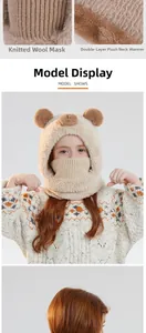 Detailed view of kids cartoon bear hat with plush texture and integrated knit face mask