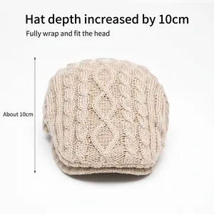 Winter beige cable-knit duckbill cap with extra depth for warmth and stylish comfort