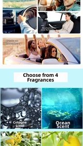 Car air vent aromatherapy clip set showing four scents including Cologne and Ocean