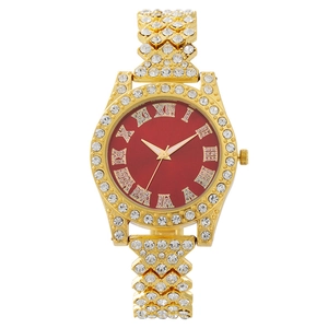 Elegant gold quartz watch for women with red dial and crystal encrusted metal strap
