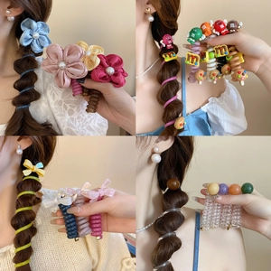 Élastiques À Cheveux Spirale Téléphone Fleur En Tissu Résine Décor Dessin Animé Accessoires Cheveux Floraux Pour Femmes Filles