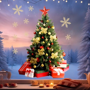 Detailed view of decorated Christmas tree with red gold ornaments and gift box base