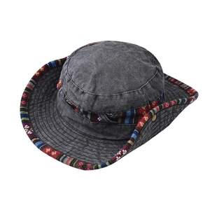 Foldable washed cotton sun hat in dark grey with colorful ethnic woven band detail