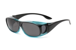 Detail of wraparound sports sunglasses with black frames and blue side windows