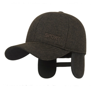 Men's winter baseball cap with ear flaps and SPORT embroidery in dark brown mix