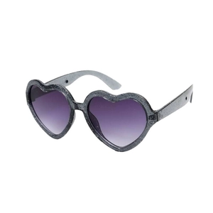 Glittery heart-shaped sunglasses with purple gradient lenses on a white background