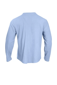 Detailed back view of light blue knitted shirt showing premium cotton texture