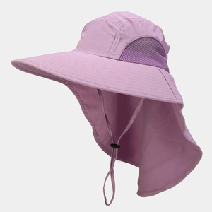 Detail of purple quick-dry sun hat with mesh vents and protective neck flap