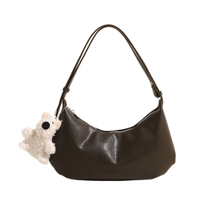 Deep brown PU leather crescent Hobo bag with adjustable strap and plush bear charm