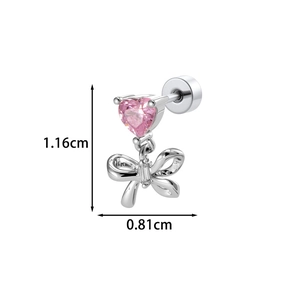 Silver stud earring with pink heart zircon and bow pendant featuring dimensions 1.16x0.81cm