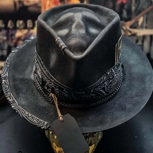 Black Gothic wide brim felt cowboy hat with skull relief and metal chains