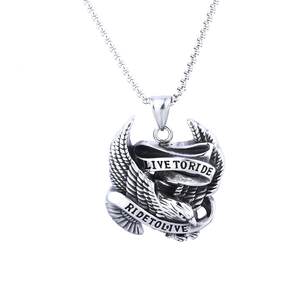 Silver stainless steel eagle necklace featuring Live to Ride and Ride to Live engraving