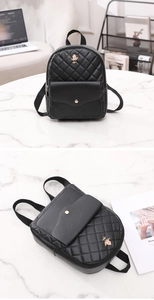 Detail of black quilted leather backpack featuring gold rose hardware and dual compartments