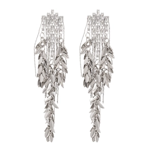 Silver needle zircon wheat leaf tassel earrings featuring layered long fringe design
