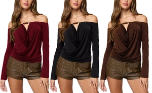 Three color variants of off-shoulder draped neck blouses in burgundy, black, and brown colors