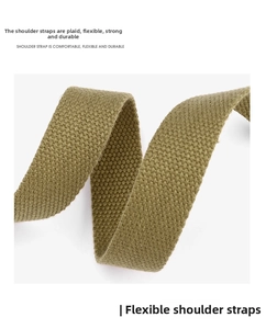 Close-up of durable army green woven shoulder strap with reinforced twill texture