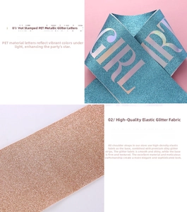 Close-up of glitter birthday sash with PET heat-stamped foil lettering and elastic fabric