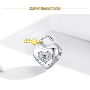 Detailed close-up of S925 sterling silver heart lock charm with gold key and Best Friend text