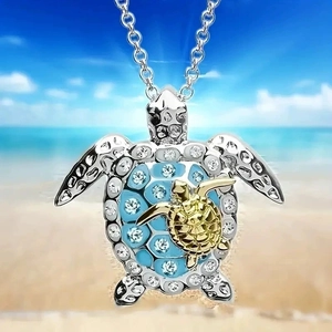 Sea Turtle Pendant Necklace Mother And Baby Blue Enamel Inlaid Rhinestone Alloy Ocean Beach Jewelry For Women