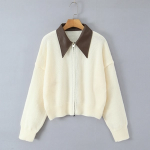 Chunky knit cardigan for women with brown faux leather collar and front silver zipper
