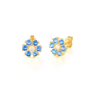 Elegant gold six-petal flower stud earrings with blue and clear zircon crystals