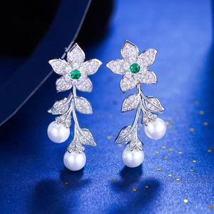 Luxury Flower Leaf Artificial Pearl Drop Earrings Green Gemstone Micro Inlay Zircon Copper Jewelry For Women Long Design