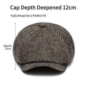 Deep 12cm herringbone tweed newsboy cap with wool blend fabric and vintage patterns
