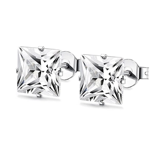 Macro shot of princess cut square zirconia stud earrings with classic 4-prong setting