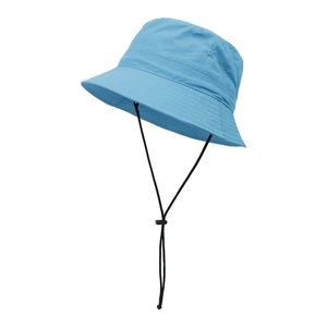 Detail of light blue quick-dry bucket hat with reinforced stitching and adjustable wind cord