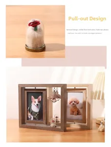 Detail of creative double-sided rotating wooden photo frame with micro floral glass dome