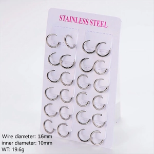 Set of 12 silver stainless steel hoops on card with 1.6mm wire and 10mm inner diameter