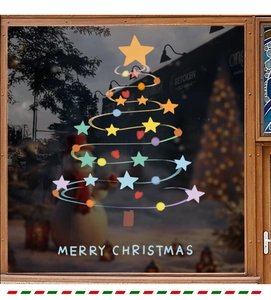Artistic Christmas tree window decal with stars and Merry Christmas text on glass