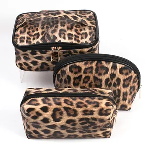 Three-piece leopard print cosmetic bag set with zipper and waterproof material