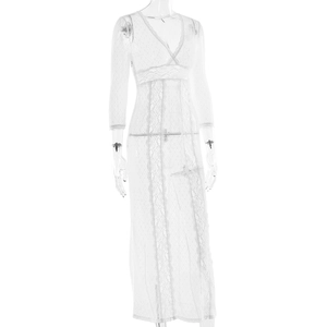 Detail of white lace V-neck long sleeve dress showing intricate mesh pattern texture