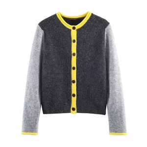 Women Knit Cardigan Sweater Color Block Contrast Trim Button Down Round Neck Long Sleeve Casual Loose Streetwear Tops
