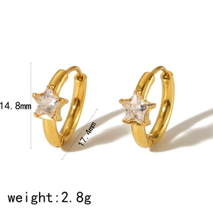 Detail view of 18K gold star earrings showing 17.4mm diameter and 14.8mm height
