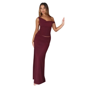 Elegant deep red two-piece slim fit set with off-shoulder top and long slit maxi skirt