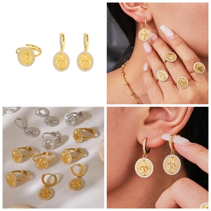 Religious style oval ring and earring set with Virgin Mary relief and 5A cubic zirconia