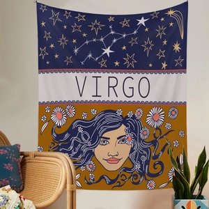 Cozy room detail with a Virgo zodiac tapestry on wall, featuring stars and female portrait